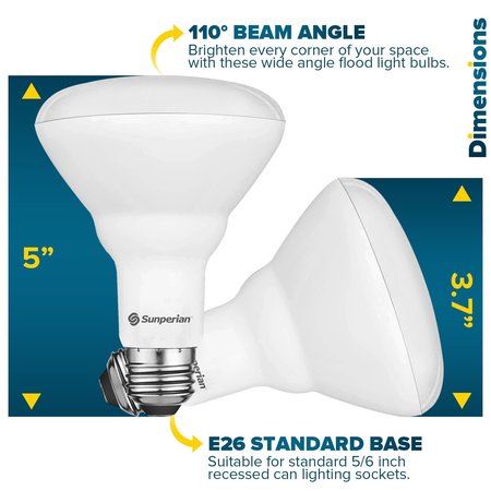 Sunperian BR30 LED Flood Light Bulbs 8.5W (65W Equivalent) 800LM Dimmable E26 Base 4-Pack SP34012-4PK